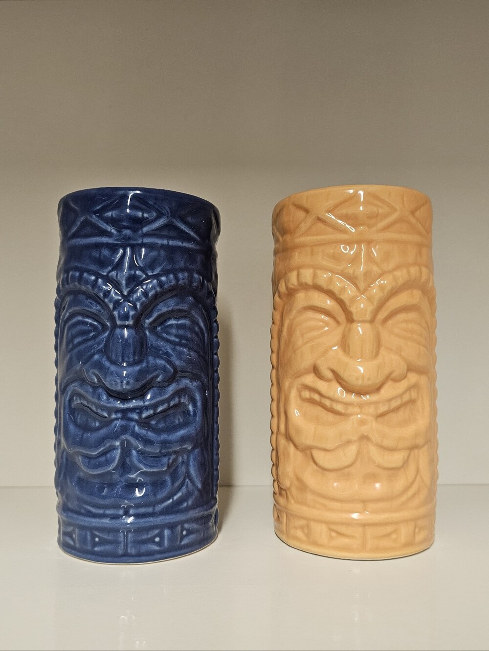 Home Tiki Blue and Peach Ceramic Bar Glass/Mug Pair - (Qty 2)